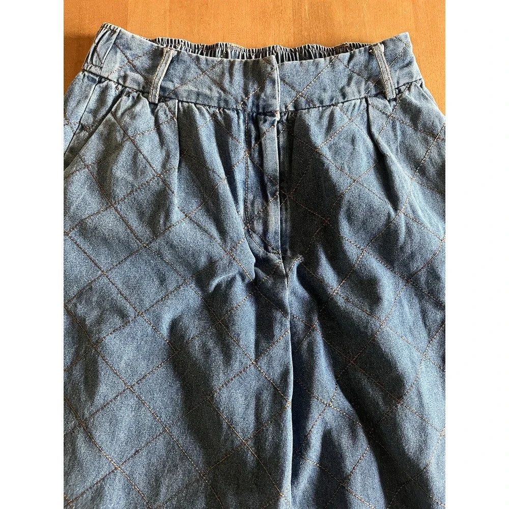 Entro Womens S Quilted Denim Wide Leg Pants Blue High Rise Elastic Waist Boho